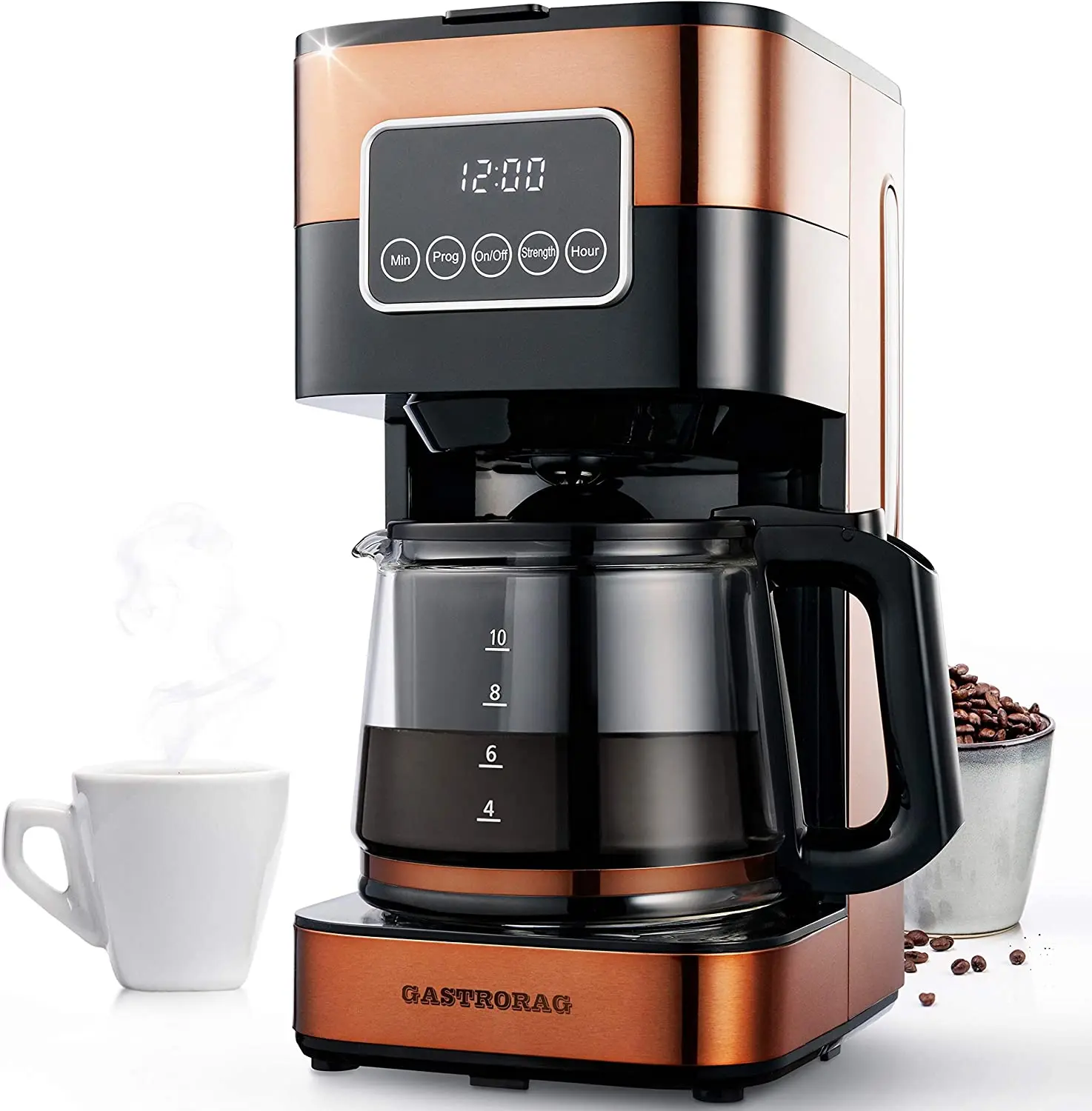 

Капельная Кофеварка 10 чашек, сенсорный экран, программируемый со стеклянным графином, отделка из нержавеющей стали, медь