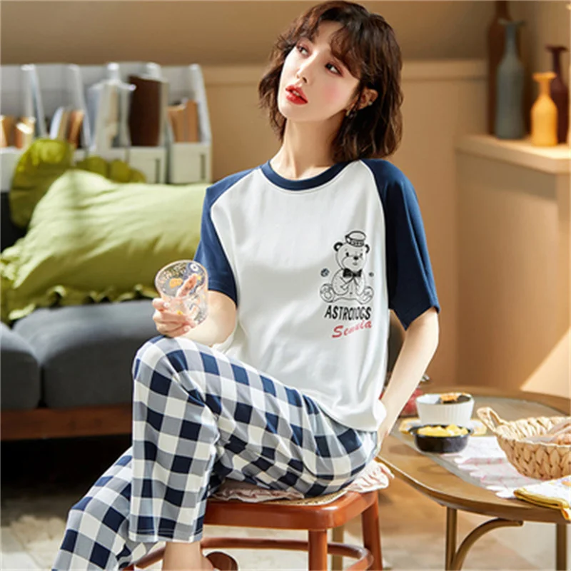 Cute Pajamas Set Soft Sleepwear For Women Elastic Cotton Pyjama Women's Sweet Cartoon V-Neck Homewear Clothes Big Size