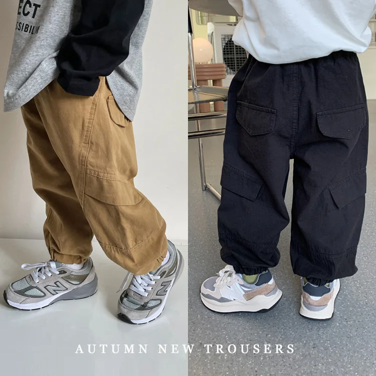 

Children Clothes 2023 Spring and Autumn Cargo Pants Full Length Pockets Solid Elastic Waist Cotton Casual Fashion Boys Pants