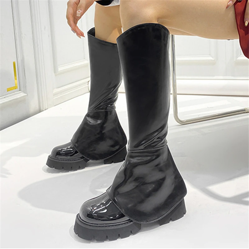 

2023 New Designer Women Knee High Boots Thick Sole Platform Shoes Cowgirl Long Botas Femininas Slim Fit Stretch Sock Boot Black