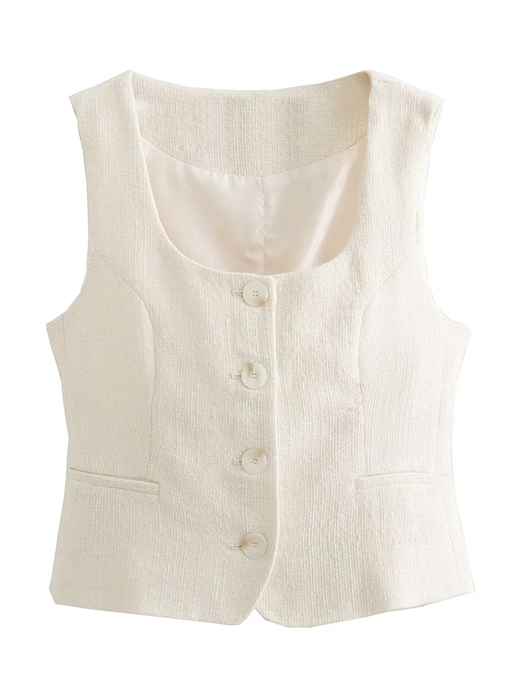 

TRAF Simple Women Solid Vest Top 2023 Summer Fashion Square Collar Sleeveless Vests Ladies Single Breasted Streetwear Chic Tops
