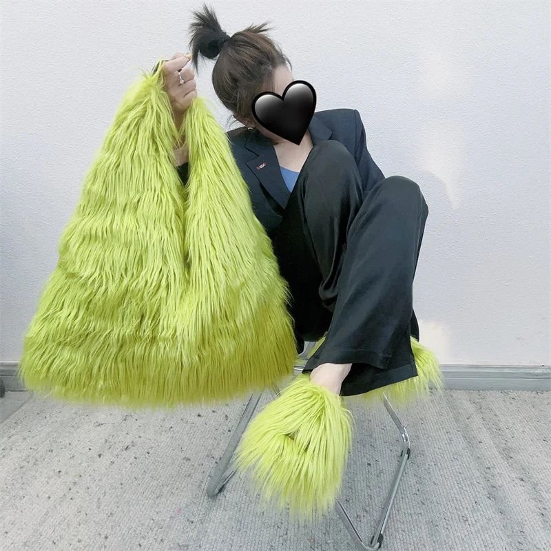 Winter Fashion Faux Fur Bag Large Capacity Long Plush Furry Shoulder Bag Y2K Solid Color Soft Warm Tote Bag  Bolsa Feminina 2023