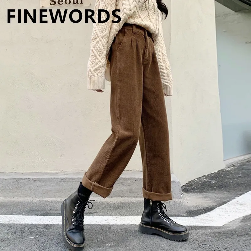 

FINEWORDS Vintage Brown Corduroy Wide Leg Pants Women Korean Loose Streetwear Straight High Waist Pants Solid Harajuku Pants
