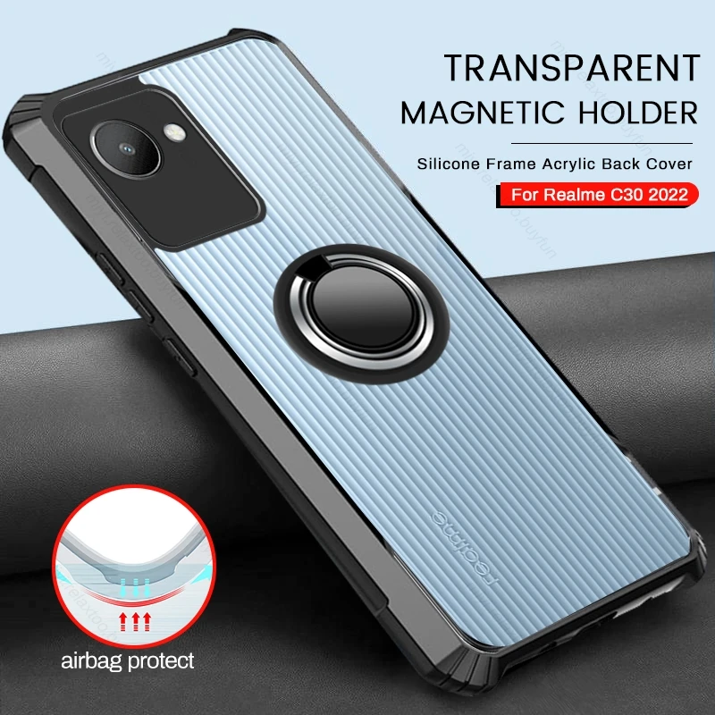 

For Realme C30 2022 Case Clear Acrylic Back Cover Realmi C30 C 30 30C 4G RMX3581 6.5" Car Magnetic Holder Ring Shockproof Coque