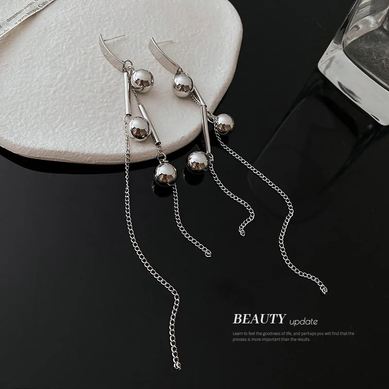 

LOVOACC Personality Silver Color Metallic Ball Tassel Earring for Women Long Chain Dangle Earrings Statement Hip Hop Jewelry