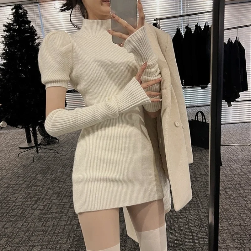 

2022 Spring Knitted Dress Party Sexy Slim Casual Y2k Mini Dress Sweater Women Design Long Sleeve Elegant One Piece Dress Korean