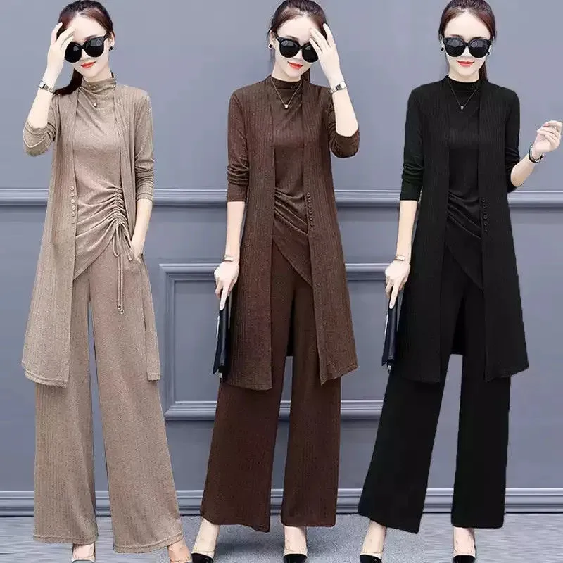 

3pcs Solid Color Knitted Pants Suit Women Yoga Outfit Suit Long Sleeve Vest Cardigan Wide Leg Pants Women Three Pieces Set