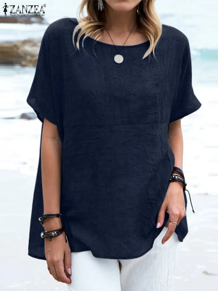 

Oversize Summer Short Sleeve Blouse ZANZEA Stylish Women Loose Shirt Casual O Neck Baggy Work Blusas Chemise Mujer Tunic Tops