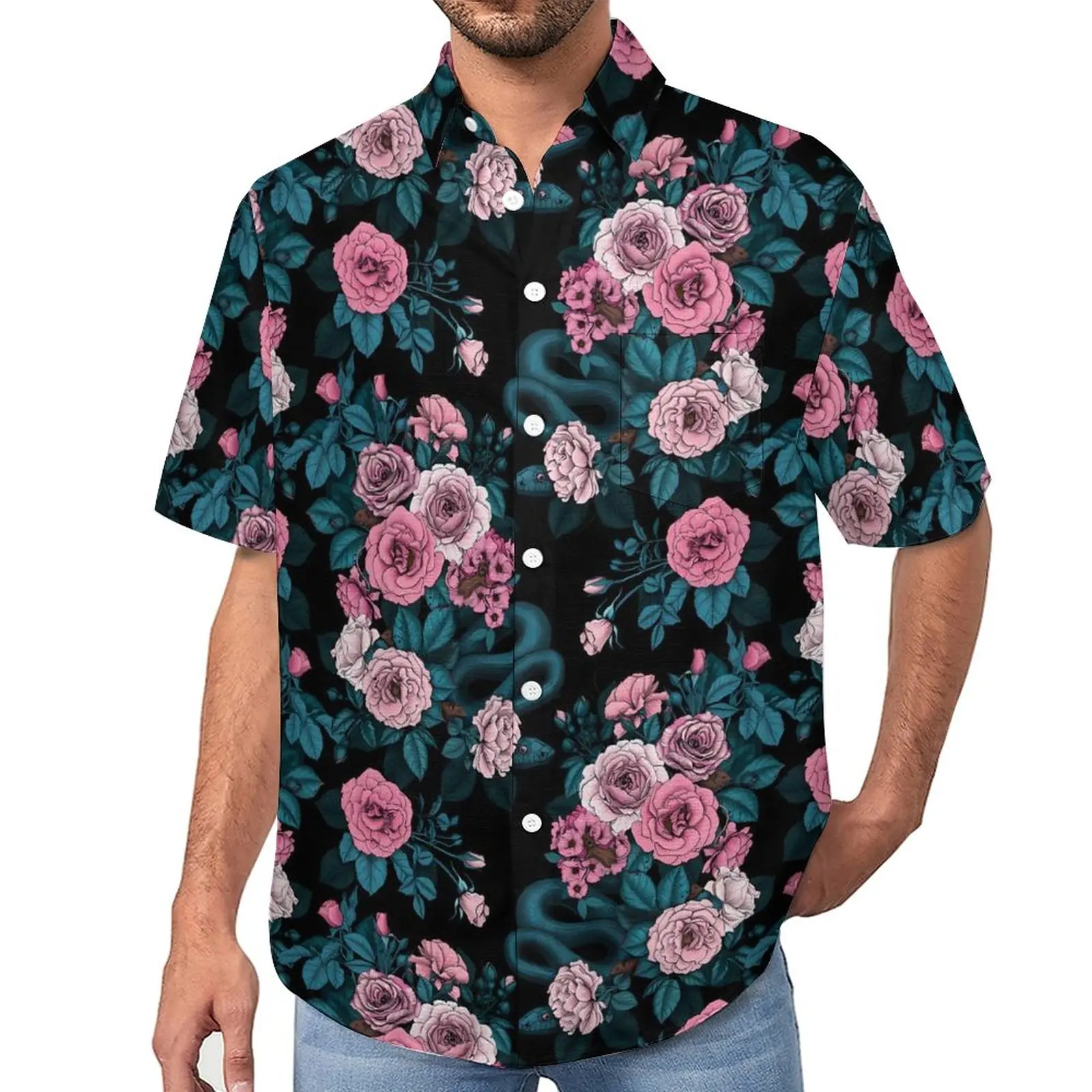 

Rose Floral Print Vacation Shirt Pink Flowers Summer Casual Shirts Man Novelty Blouses Short Sleeve Custom Clothing 3XL 4XL