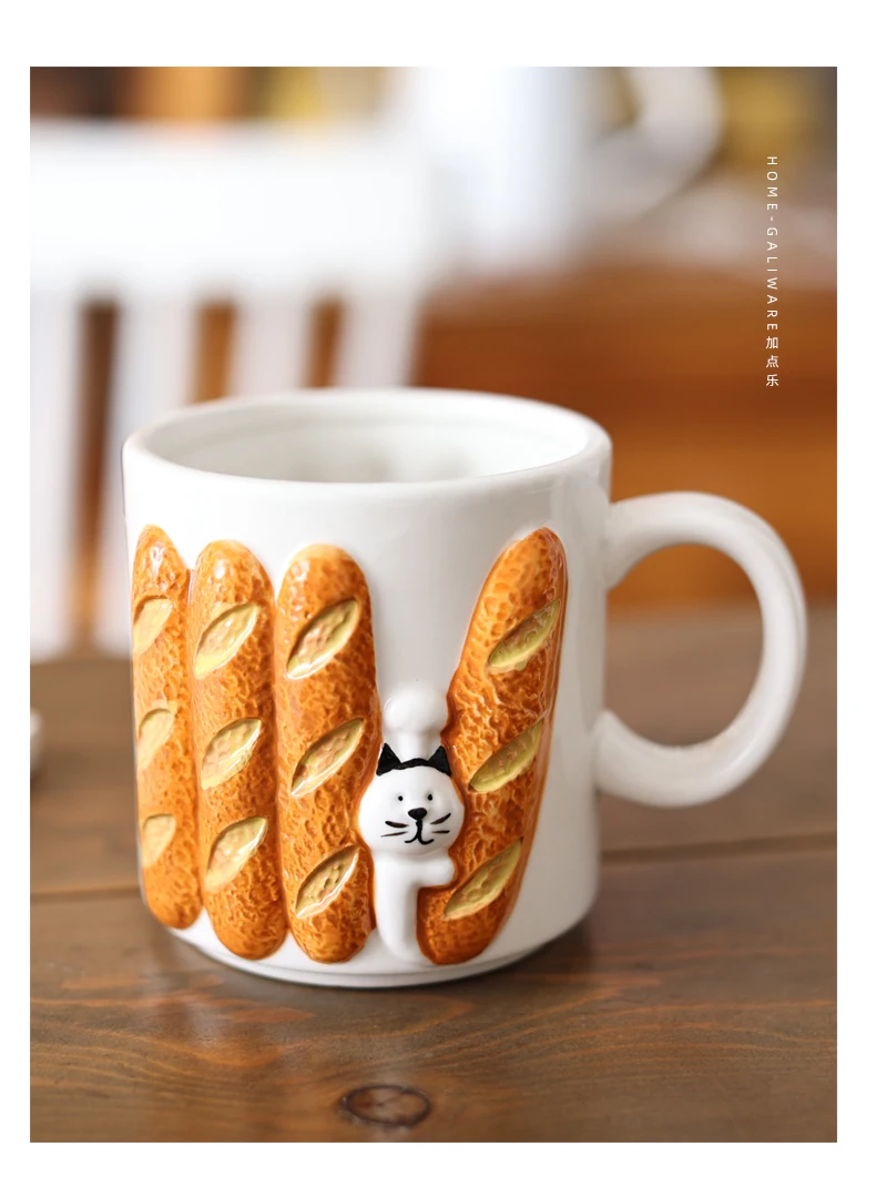 Cute Cat Ceramic Mug Embossed Toast Baguette Coffee Cup Ins Photo Props Cafe Breakfast Milk Oatmeal Cup Lovely Birthday Gift