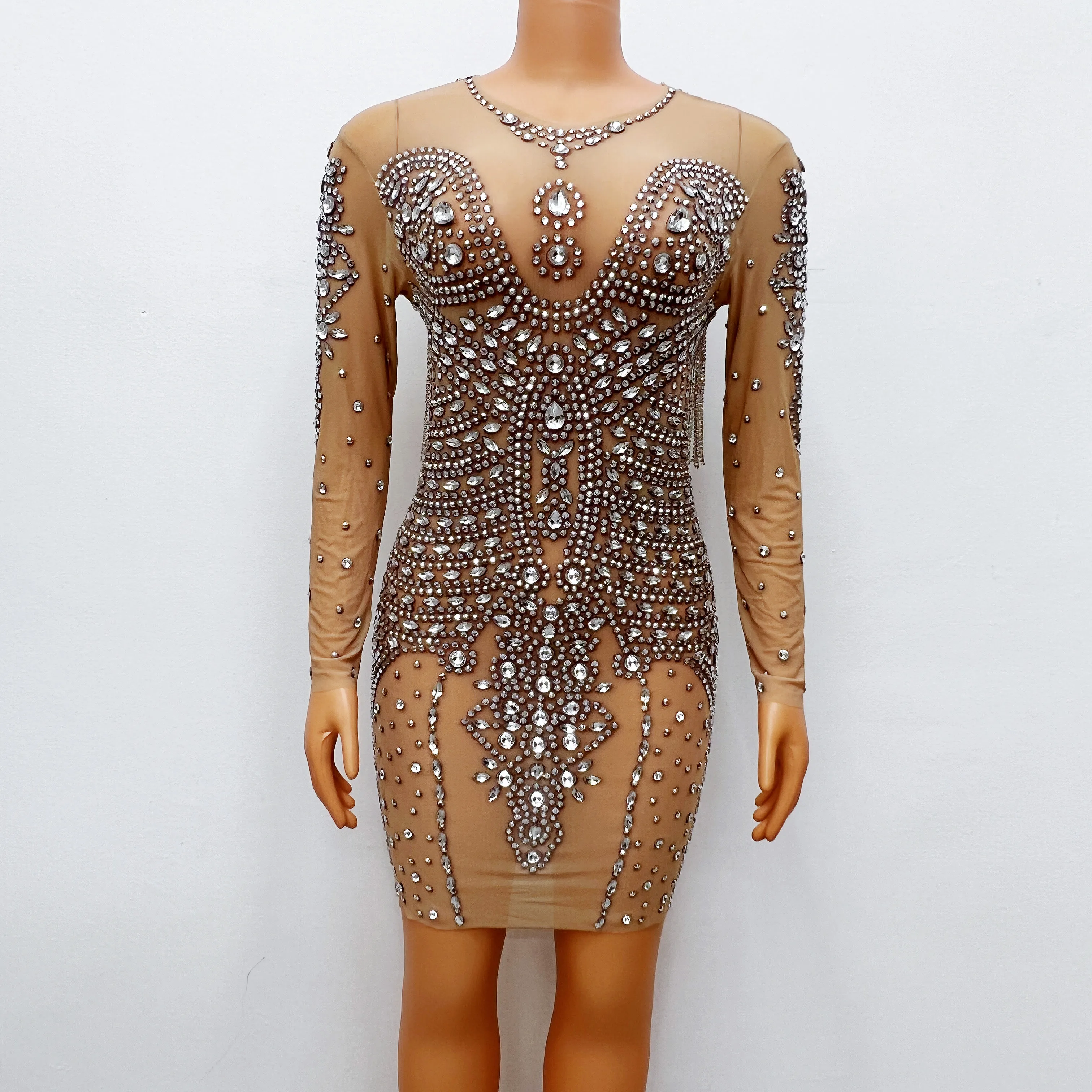 

Transparent Mesh Silver Stones Fringe Chains Dress Birthday Celebrate Party Dress Female Singer Evening Collection Outfit
