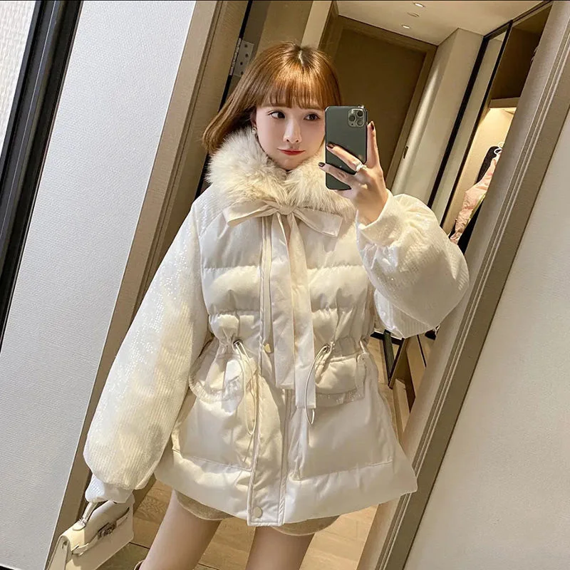 White Down Cotton-Padded Jacket Women New Winter Korean Loose Mid-Length Parkas Genuine Sequined Red Coat Fur Collar Students