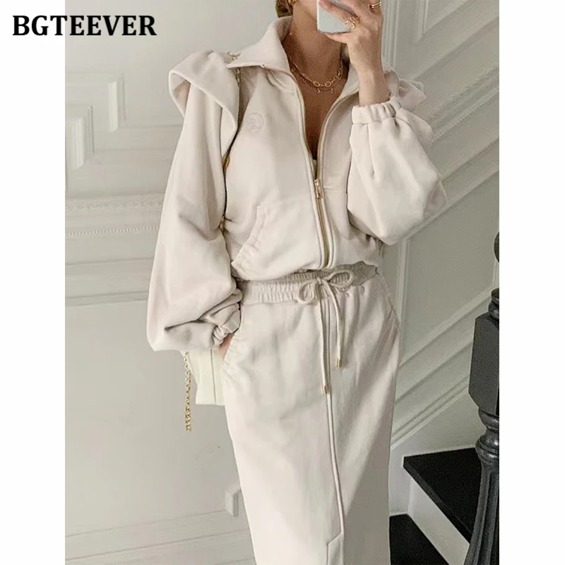 

BGTEEVER Vintage Loose Female 2 Pieces Skirts Set Long Sleeve Zippers Hoodies & Drawstring Split Pencil Skirts Ladies Tracksuits