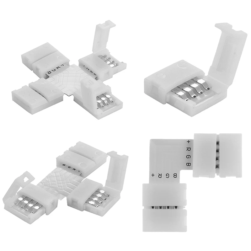 

10 мм 4-контактный разъем для светодиодной ленты, Угловой соединитель для печатной платы без пайки, прищепка, бесплатный сварочный светильни...