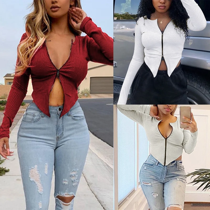 

Ribbed Zipper Solid Color Crop Top For Women Long Sleeve Clothes Fashion T-Shirts Streetwear Tees