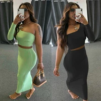 solid color two pieces top and skirts suits women casual one shoulder long sleeves crop topsmaxi bodycon skirts