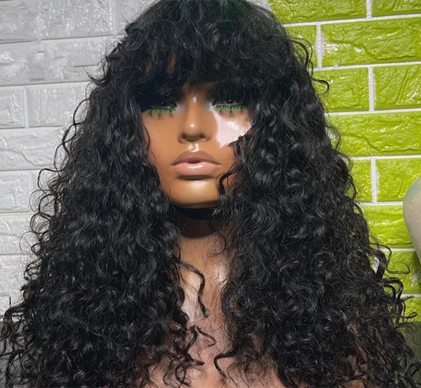 

Black Soft Hair Kinky Curly Machine Hair Wig Synthetic With Bangs For Black Women Daily Cosplay