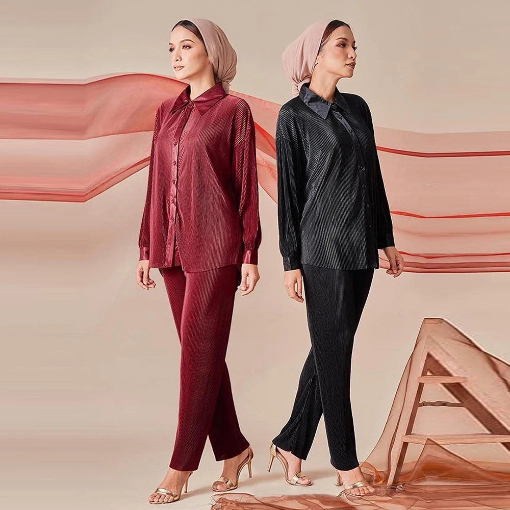 Muslim Fashion Set Dubai Travel Turkey Morocco Abaya Casual Women's Dress Malaysia Indonesia Dress Set Pleated Pants Set Dresses