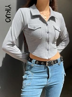 yikuo 2022 autumn button up cardigan solid grey women long sleeve crop top casual streetwear tee korean fashion t shirts basic