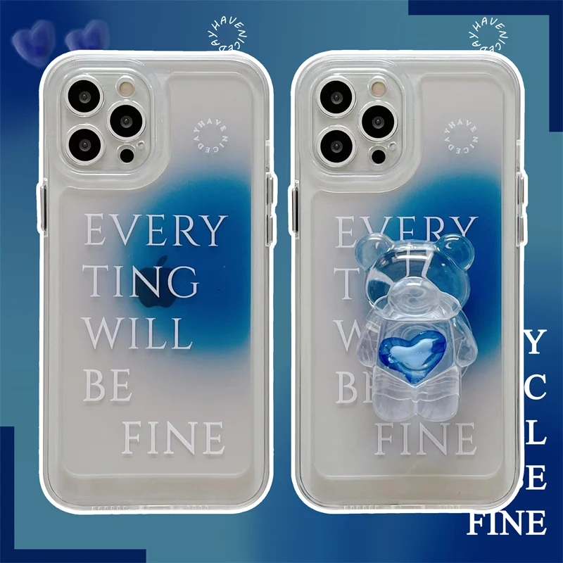 

Luxury Blue Gradient Phone Case For iphone 13 12 Pro 11 XS Max XR 7 8 Plus X Soft Clear Colorful Back Cover With 3D Bear Holder