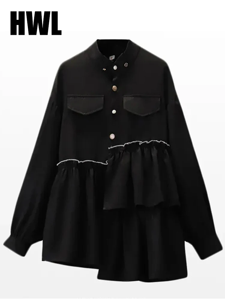 

Women Black Drawstring Ruffles Blouse New Lapel Long Irregular Blouse Loose Fit Shirt Fashion Tide Spring Autumn 2022 1DD3863