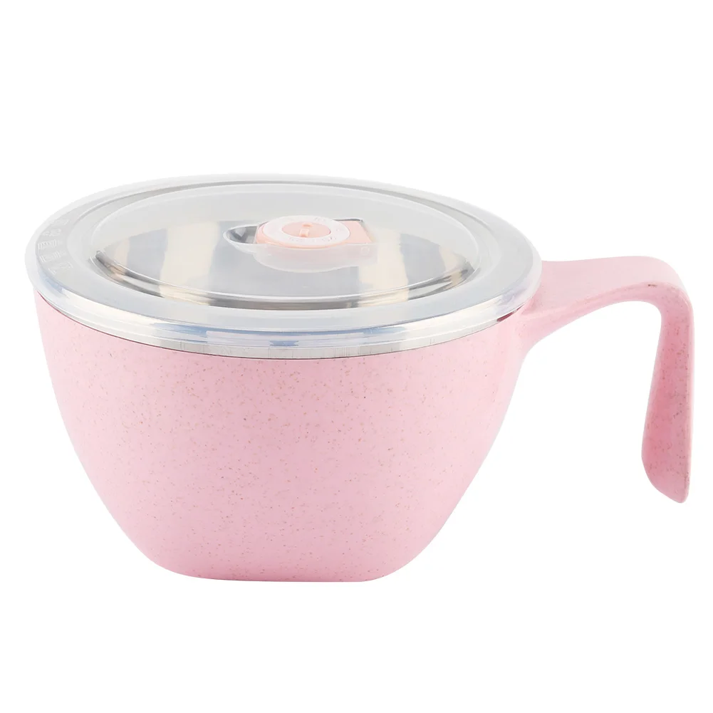 

Stainless Steel Noodle Soup Bowl with Cover Home Food Fruit Container(pink)