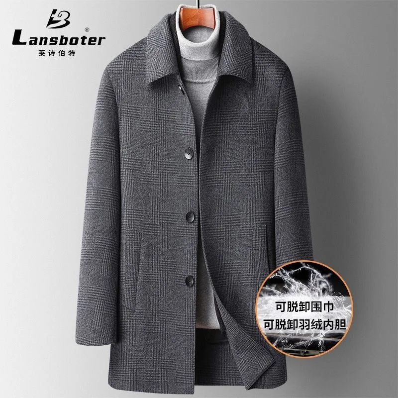 

Autumn and winter trendy scarves detachable down lining reversible wool overcoat for men's father's oversize clothing