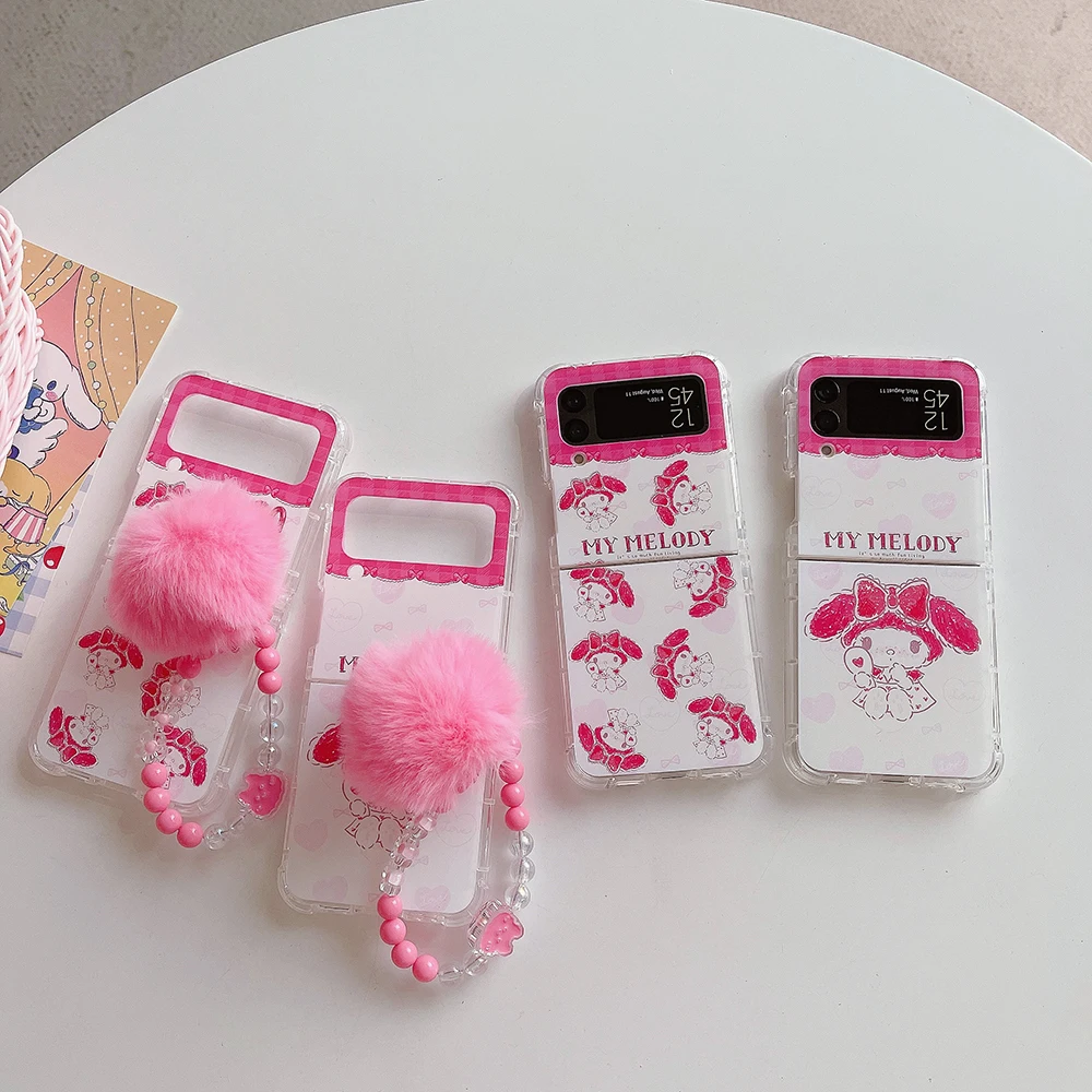 

Cute Cartoon Sanrio MyMelody With Hairball Lanyard Phone Case For Samsung Galaxy ZFlip3 ZFlip4 5G Anti-drop Back Cover Girl Gift