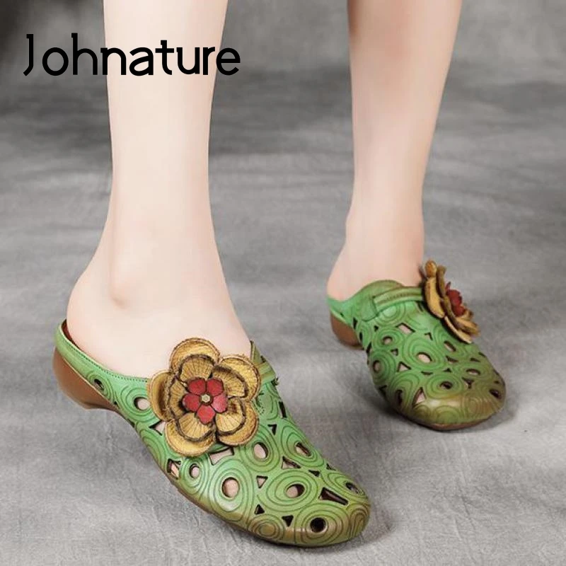 

Johnature 2022 Summer Shoes Women Slippers Floral Genuine Leather Outside Slides Retro Hollow Flat With Concise Ladies Slippers