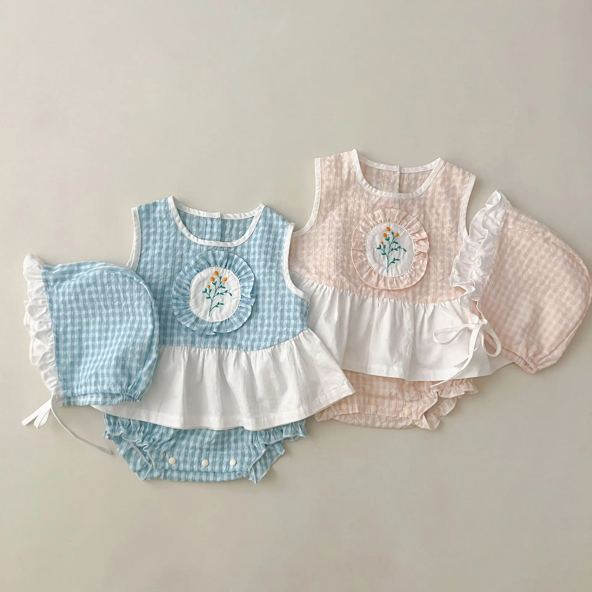 

HoneyCherry Summer New Girl Baby Bubble Check Embroidered Three-piece Plaid Tops Bread Pants Set