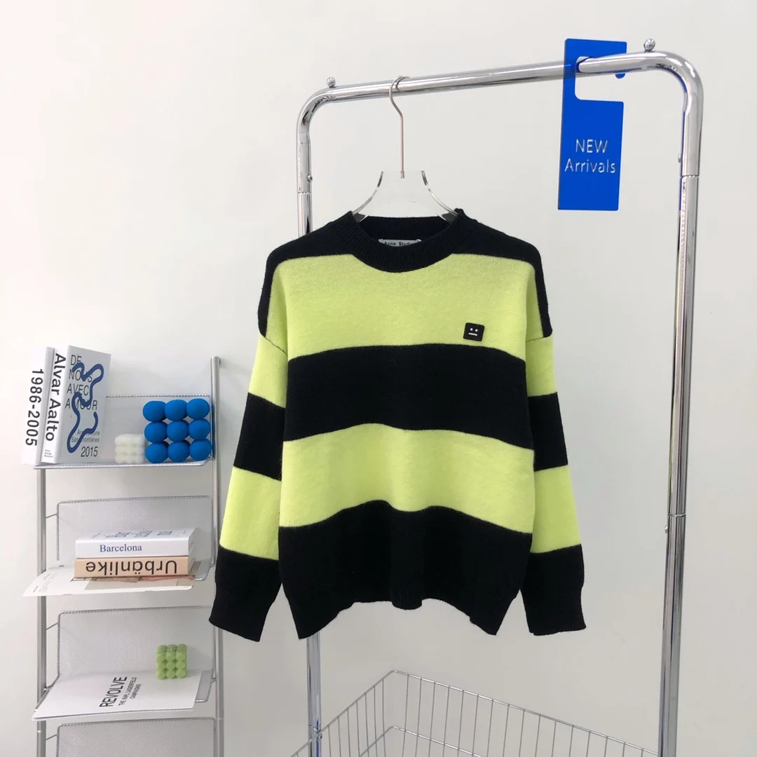 

Acne studios sweater autumn winter high quality smiley face embroidery stripe knit round neck sweater for men and women