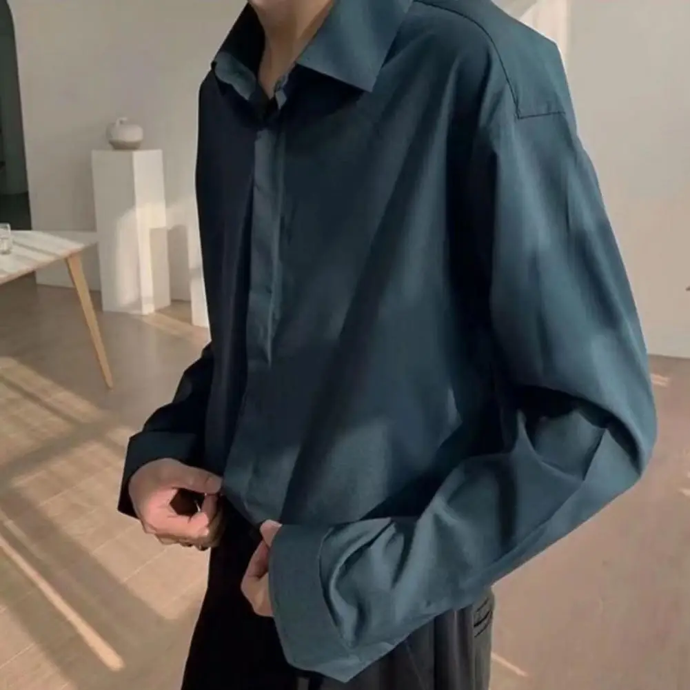 

Soft Trendy Simple Young Style Men Tops Wear-resistant Fall Shirt Long Sleeves for Work