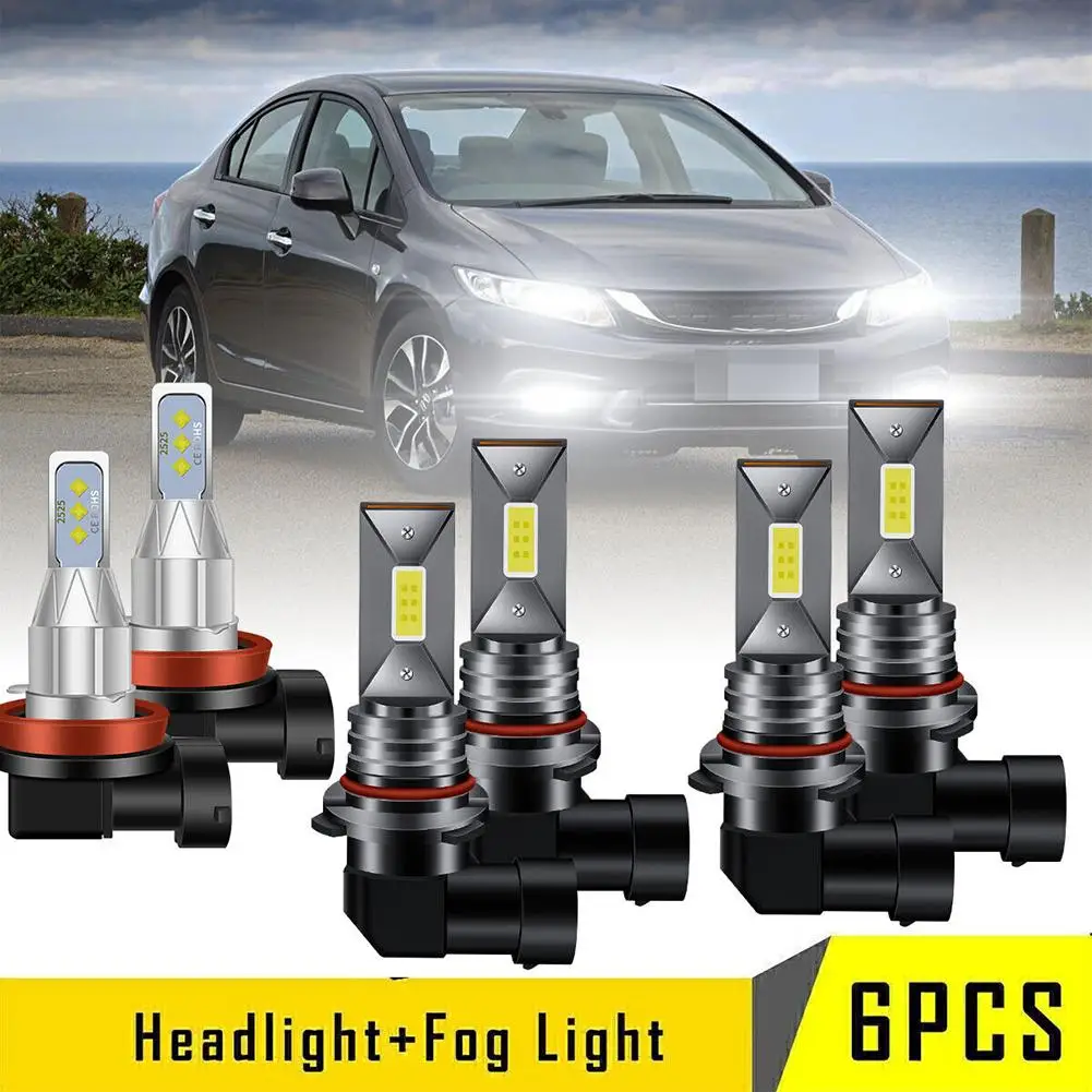 

6pcs Car Led Headlight High/Low Beam Fog Light Bulb Combination Kit Compatible For Hon-da Ci-vic 2006-2015