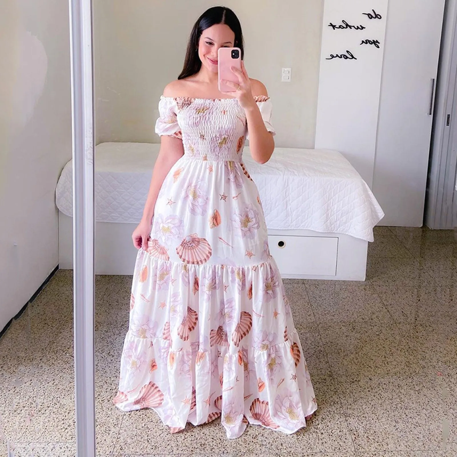 

Summer Women’s Off Shoulder Maxi Dress Fower Short Sleeves High Waist Pleated Long Dresses