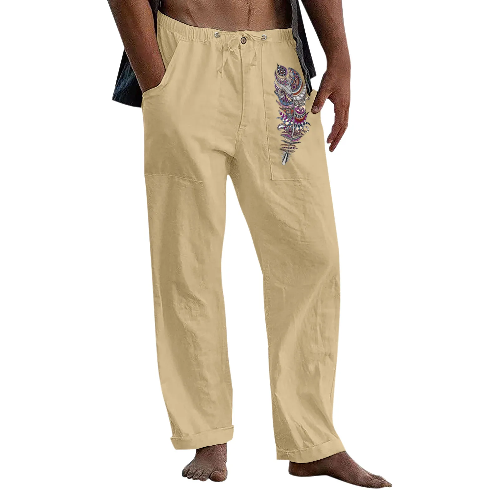 

Male Casual Feather Printed Trouser Full Length Button Pocket Drawstring Pant Trouser Mens Scrubs Pants with Pockets