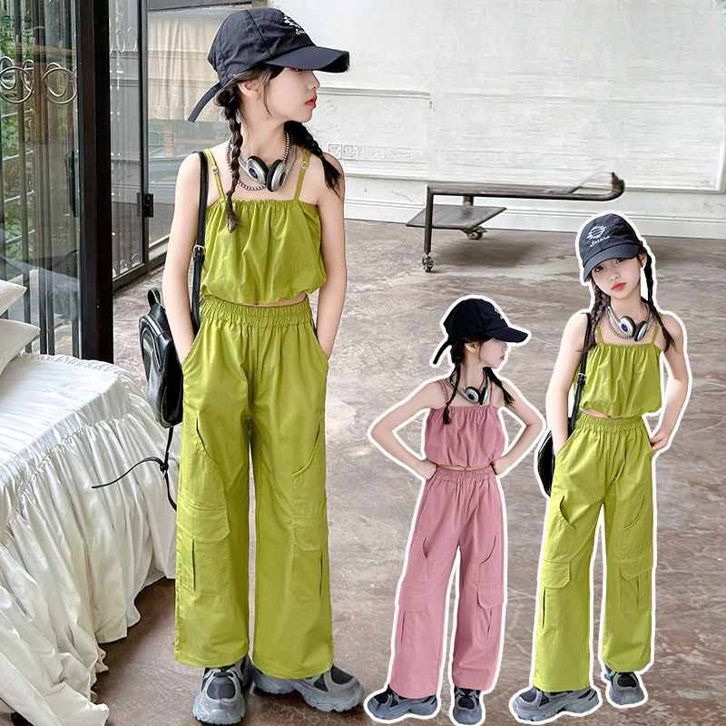 Костюмы для девочек лето 2024 новый стильный детский топ с лямкой на шее тонкая