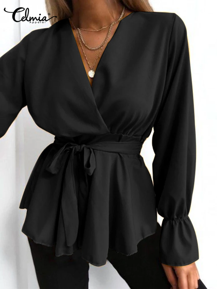 Женская Повседневная Блузка с длинным рукавом Celmia элегантная Однотонная рубашка