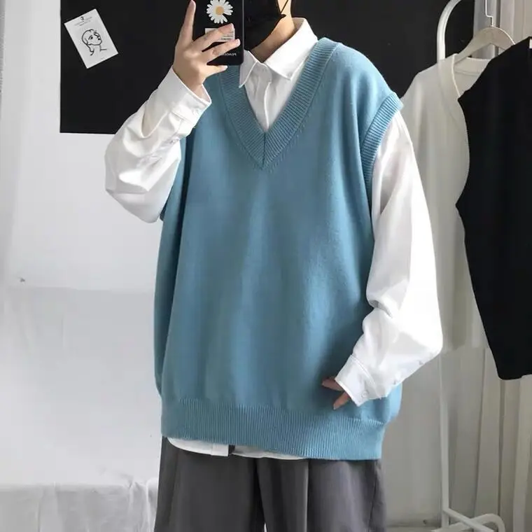 Oversize Sweater Vests Men Solid Color Preppy Style Soft Knitwear Leisure Homme Sleeveless Sweater Vest Jumpers All-match G58