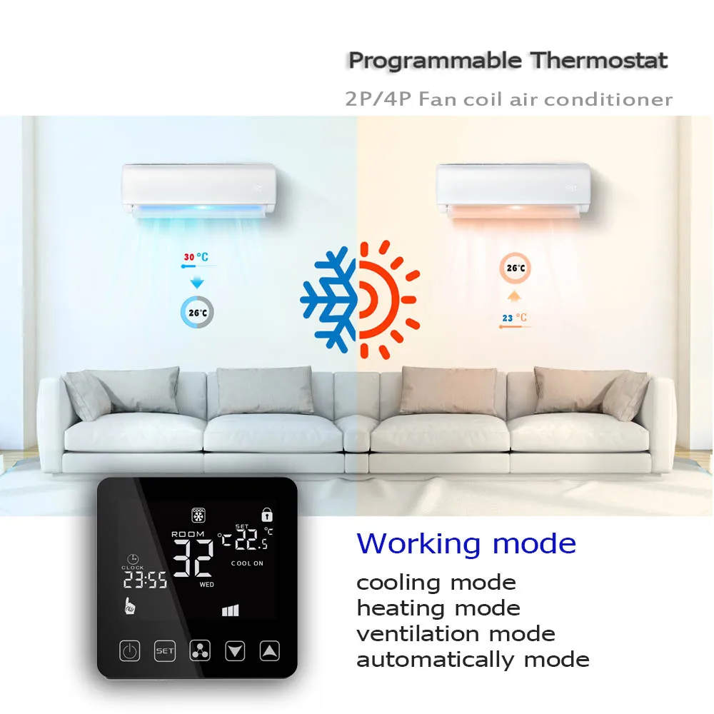 

Home programming air conditioner thermostat 4 pipe Fan Coil Thermostat with cooling, heating, ventilation and auto working modes