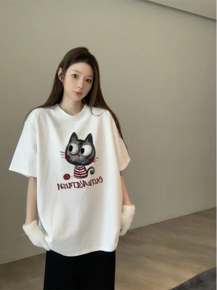Осенне-зимняя внутренняя одежда модная футболка с мультяшным принтом кота милый