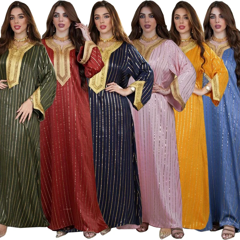 

Gold Stamping Jalabiya Kaftan Dress for Women Dubai Crinkled Crepe Fabric Casual Modest Robe Muslim Arab Moroccan Caftan Partyt