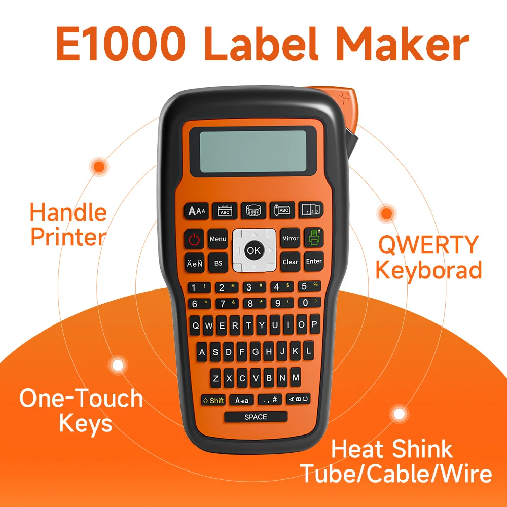 E1000 PRO Stampante portatile Etichettatrice Tze-231 Stampante per etichette Nastro Tastiera Simbolo Stampante industriale Funziona con tubi termorestringenti