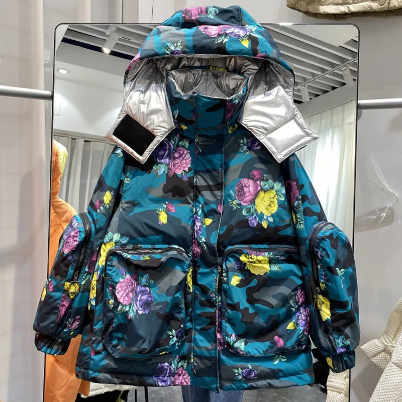 

Женский короткий пуховик с цветочным принтом, утепленная камуфляжная одежда для работы, тонкое зимнее пальто с капюшоном и длинным рукавом,...