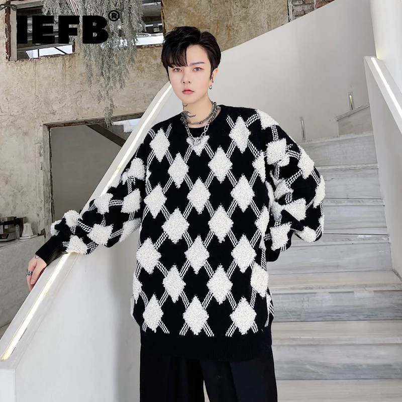 

IEFB New Stylish Men's Casual Pullover Sweater 2023 Autumn Winter Geometric Pattern Jacquard Round Neck Loose Men's Knits 9Z0102