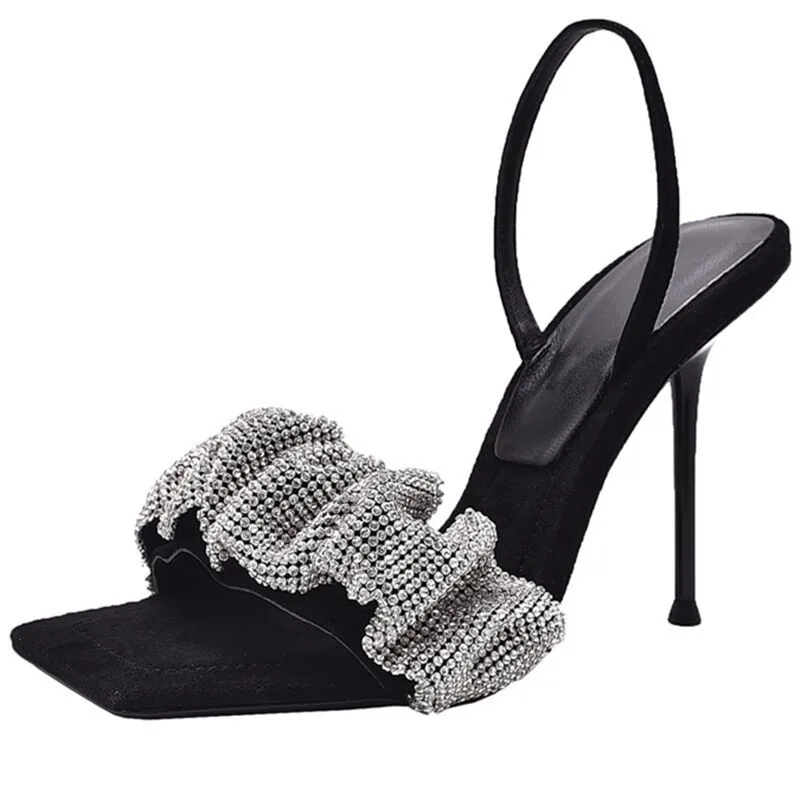 

2023 European ladies new summer high heels shiny rhinestone trim fashion sandals