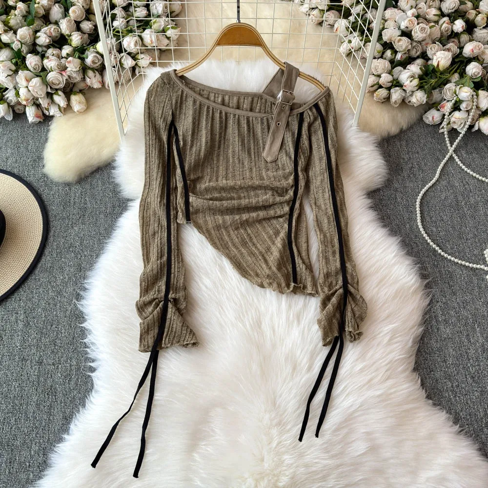 Neploe Косой воротник Американский элегантный сексуальный Ropa Mujer Spice Girls Тонкие топы