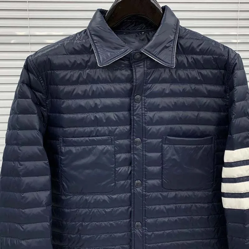 TB THOM Down Jacket Classic White 4-Bar Striped Style Men Outerwear Coat Winter Slim Short Hooded Warm White Duck Down Coat