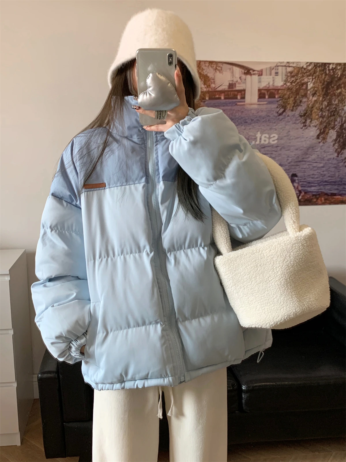 2022 Winter New Cotton Clothes Loose Age Reducing Thin Thickened Cotton Jacket Blue Cotton Coat Coat Female Fashion