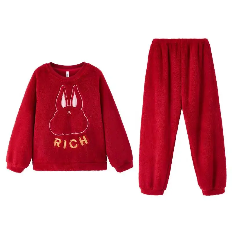 Pajamas Set Women's Winter Thickened Flannel Round Neck Style Sweet Pajamas Comfortable Warm Home Suit Set Pyjamas Femme