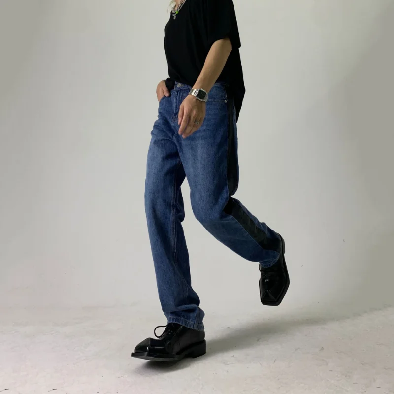 Jeans men's straight loose wide legs are thin and tall Korean version of retro trousers Hong Kong style contrast color Casual